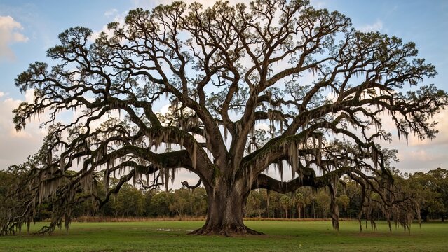 Huge ancient oak tree with sprawling branches over a grassy field at sunset.