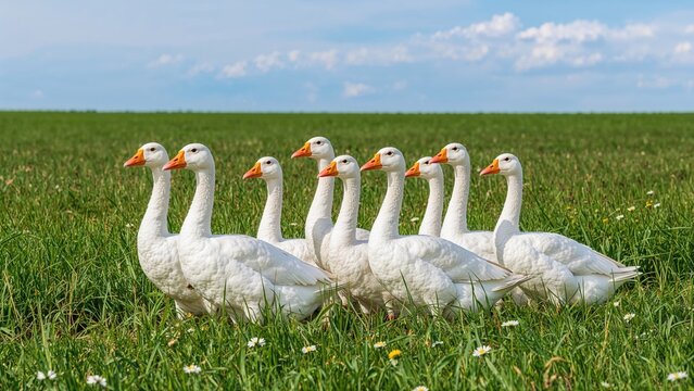 A group of geese walking across a green field under a partly cloudy sky.