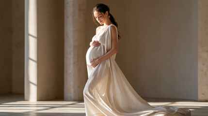 Fototapeta premium Pregnant woman in flowing linen maternity wear standing in minimalist room showcasing graceful modern motherhood and refined maternal wellness