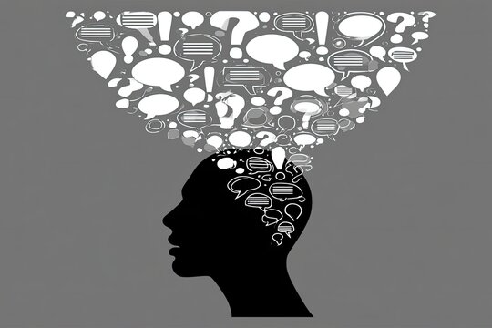 Silhouette of a head with thought bubbles and symbols emerging