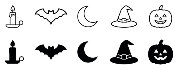 Halloween icons bundle outline and silhouette with candle bat moon witch hat and pumpkin for spooky holiday decoration. © IconBloom