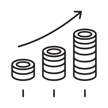 Stacked coins with upward trend line black and white line illustration