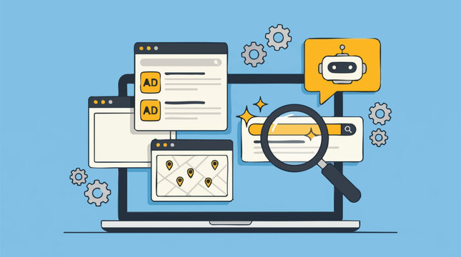 Digital Marketing, SEO, and Online Advertising with AI Robot and Laptop