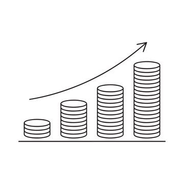 Stacked coins with rising arrow black line illustration on white background