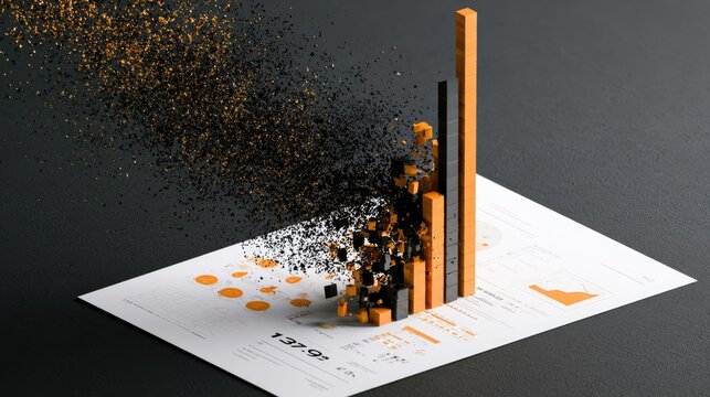 Orange and black bar graph on a white document disintegrating into particles