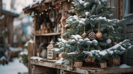 Fototapeta premium Cozy Winter Scene Featuring Snow-Covered Christmas Tree Decorated with Ornaments in Rustic Outdoor Setting