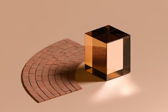 Geometric glass prism sits beside curved brick pathway on neutral background