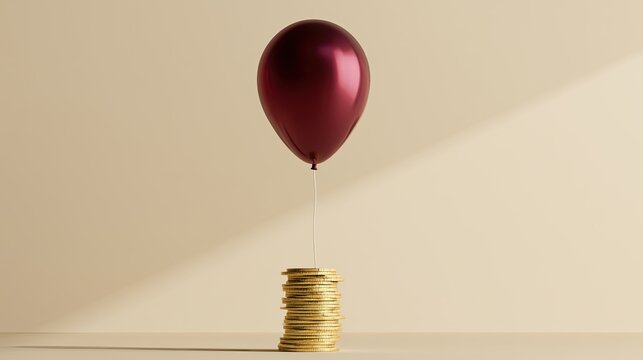 A single dark red balloon floats above a precarious stack of gold coins