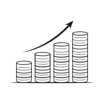 Stacked coins with upward arrow black and white line illustration