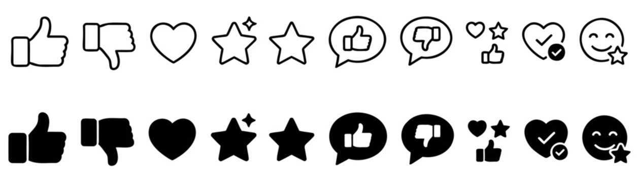 Social media reaction icons set in line and solid style feedback symbols including thumb up thumb down heart star speech bubble smiley face and check mark rating icons.
