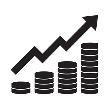 Growth chart with stacked coins black silhouette on white background