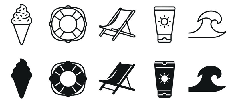 Summer beach vacation icons set including ice cream dessert life buoy safety ring folding deck chair sun lotion sunscreen cream bottle and ocean wave symbol in line.
