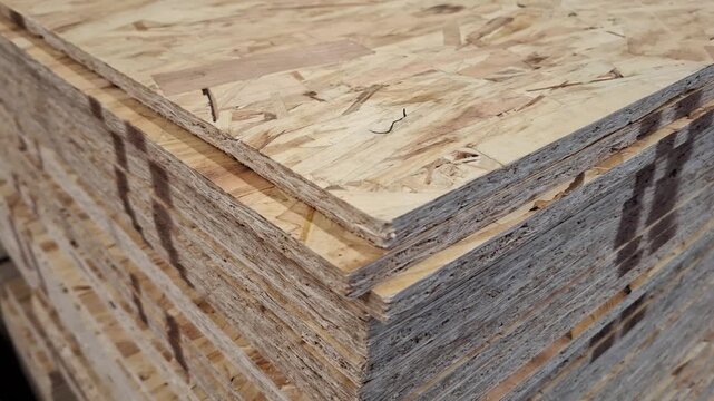 Stacked sheets of oriented strand board and plywood construction panels, building materials, renovation, and carpentry concept.