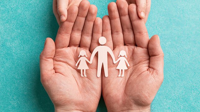 Gentle hands form a protective cradle for a paper family, symbolizing care