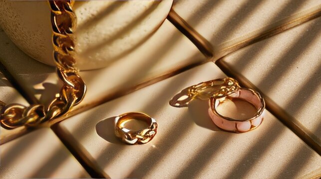 Golden chain and rings with pink accent on tiled surface, dappled light