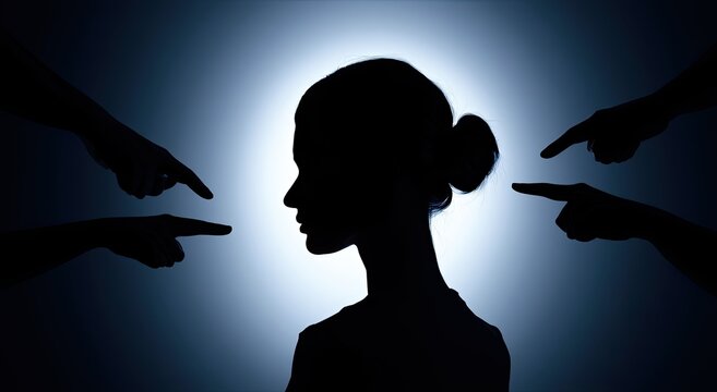 Silhouette of a woman, accused by four pointing fingers, bathed in light