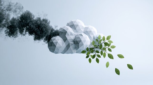 Geometric cloud splits into smoke and growing green leaves