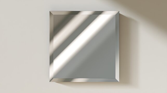 Frameless beveled glass mirror on a light wall with diagonal sunlight