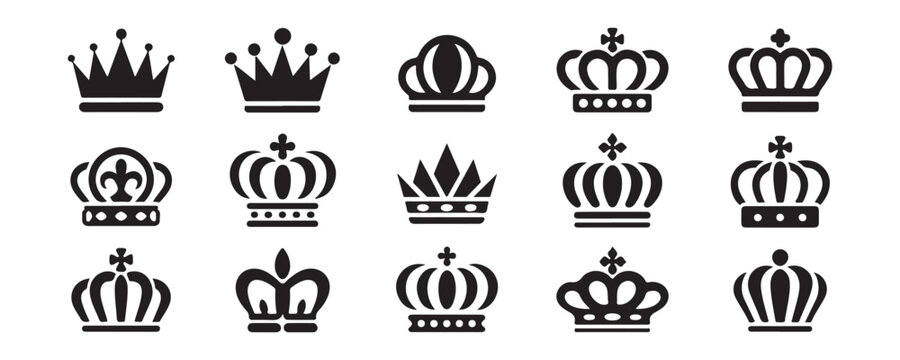 Royal crowns set, king and queen crown silhouettes, imperial symbols, monarchy power signs.