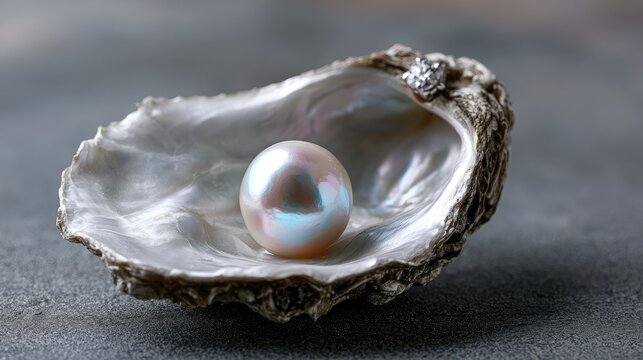 Single iridescent pearl rests within an open oyster shell on a textured surface