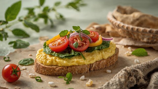 Open-faced sandwich with scrambled eggs, cherry tomatoes, lettuce, and herbs on whole grain bread, garnished with fresh greens and peas.