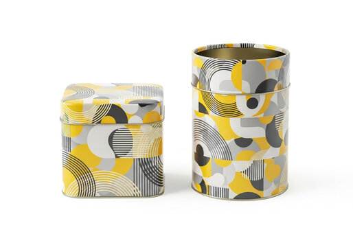 Square and round metal tins with modern geometric pattern