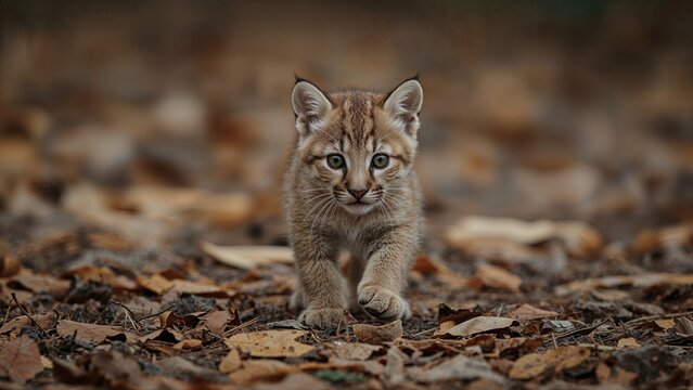 A young wildcat walking through fallen leaves in a forest.