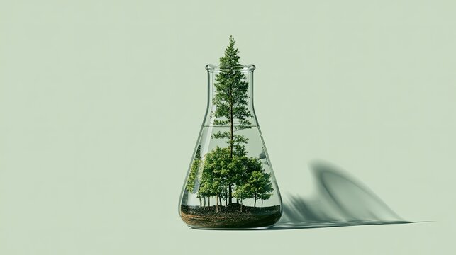 A scientific flask contains a miniature forest ecosystem with lush green trees