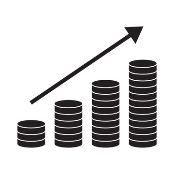 Coin Stacks And Rising Arrow Black Silhouette On White Background