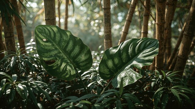 Dense jungle foliage with large green leaves and sunlight filtering through the trees