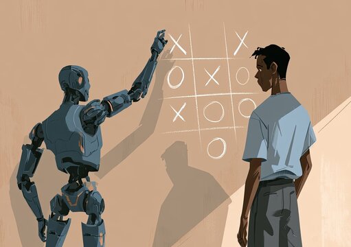 Robot and boy play a game of tic-tac-toe on a wall, a digital opponent