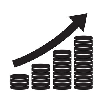 Coin stacks and upward arrow black silhouette on white background