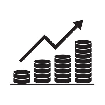 Stacked coins with rising arrow black silhouette on white background