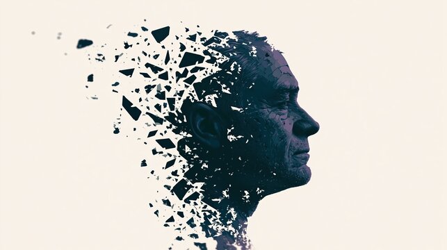 Fragmented human face dissolving into dark geometric shapes