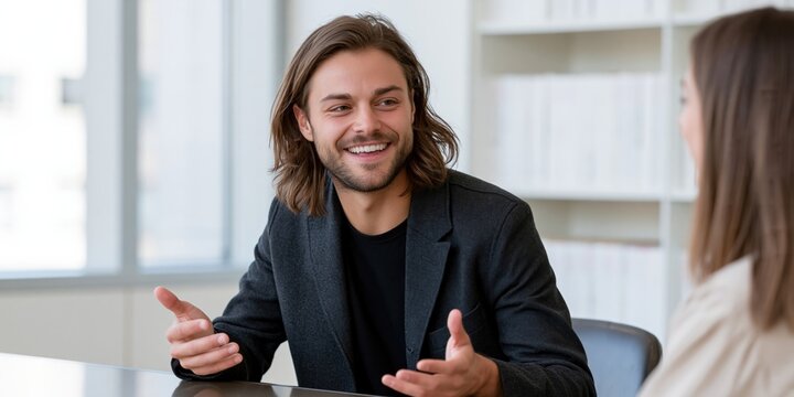 Young professional man speaking and gesturing in an office meeting for consulting presentation background and corporate discussion banner