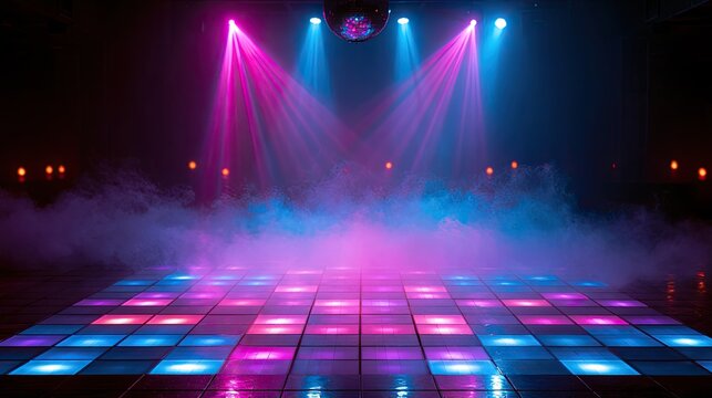 Illuminated dance floor and disco ball with colorful lights and smoke
