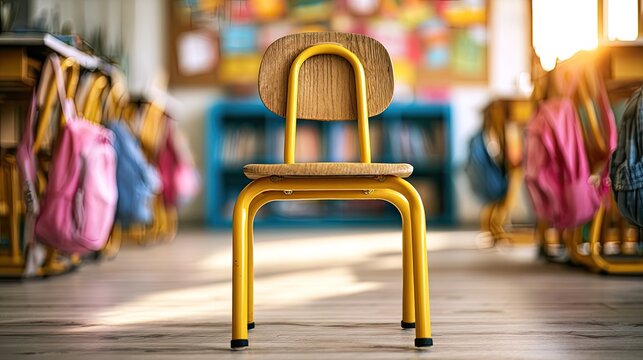 Empty classroom chair bathed in sunlight, rows of colorful backpacks visible