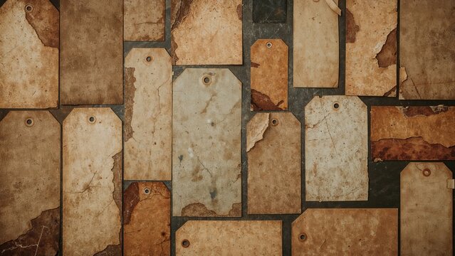 A collection of aged, worn tags or labels with a vintage appearance, featuring different shapes and shades of brown and beige, arranged in an overlapping pattern.