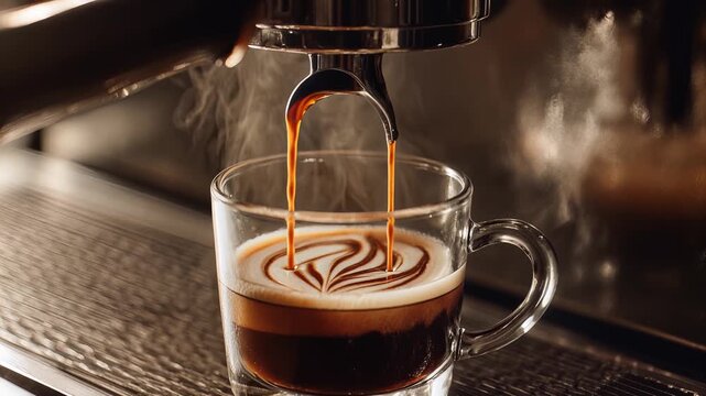 Espresso coffee pouring into glass mug with latte art design, close-up shot of creamy foam and dark espresso layers, steam rising from hot beverage, symbolizing morning ritual, relaxation