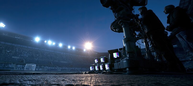 Football stadium lit by floodlights at dusk, with cameras and screens