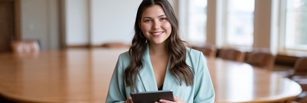 Young woman holding tablet in large conference room for presentation background and business profile use in corporate training and meeting materials