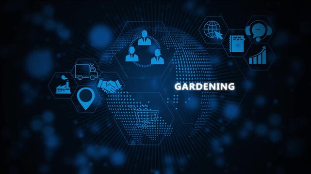 Digital gardening concept infographic featuring a rotating global network with interactive business and futuristic data visualization for corporate presentations and modern marketing strategy