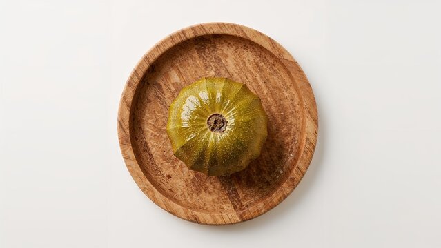 A kiwi fruit on a round wooden plate.