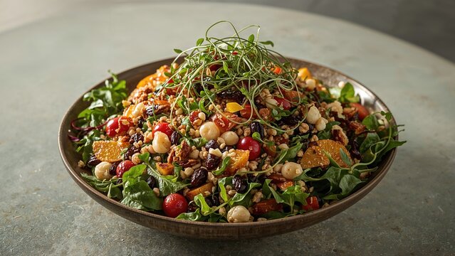 Colorful mixed salad with greens, chickpeas, pomegranate seeds, and crunchy toppings in a black bowl. Fresh and healthy vegetarian dish.