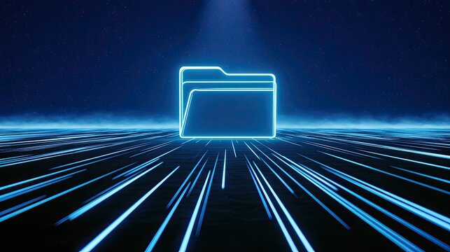 Glowing digital folder icon on a futuristic data stream background