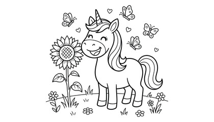 Obraz premium Joyful unicorn with sunflower and butterflies in a meadow simple line drawing children's concept