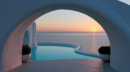 Fototapeta premium Serene sunset view from an arched opening overlooking an infinity pool and ocean