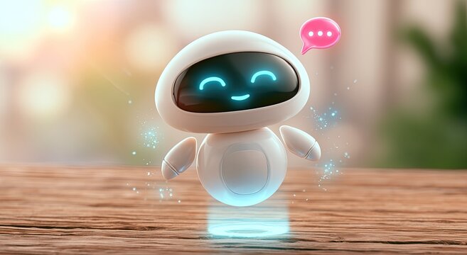 Adorable, friendly floating robot with glowing blue eyes and a speech bubble