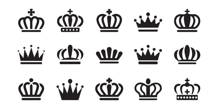 Royal crowns set, king and queen crown silhouettes, imperial symbols, monarchy power signs.