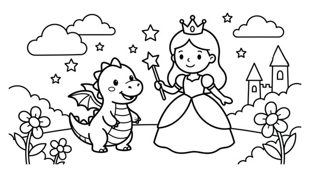 Cute cartoon princess with magic wand and friendly dragon in a whimsical garden setting vector illustration